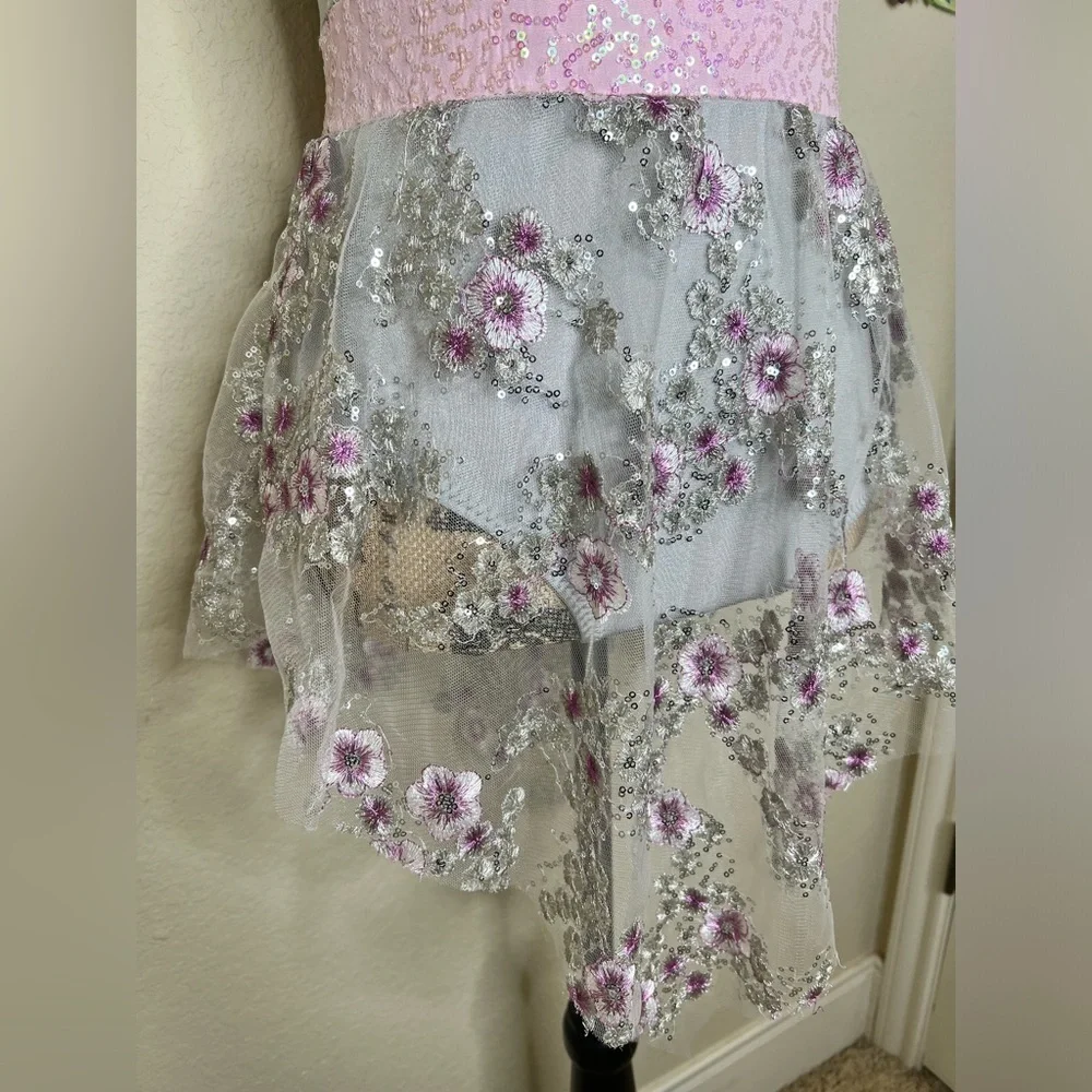 Curtain Call Silver/Gray with Floral Embroidery with Sheer Overskirt Sz Child L